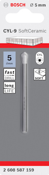 Förpackning med Bosch CYL-9 SoftCeramic borr, 5 mm, med etiketter för "fast DRILL" och "long LIFE".