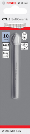 Förpackning med Bosch CYL-9 SoftCeramic borr, diameter 10 mm, med text om snabb borrning och lång livslängd.