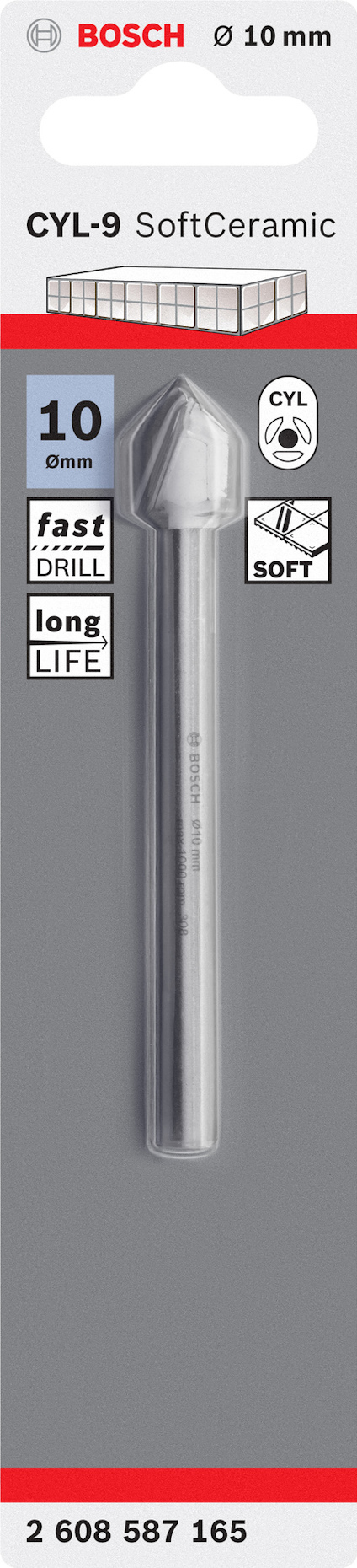Förpackning med Bosch CYL-9 SoftCeramic borr, diameter 10 mm, med text om snabb borrning och lång livslängd.