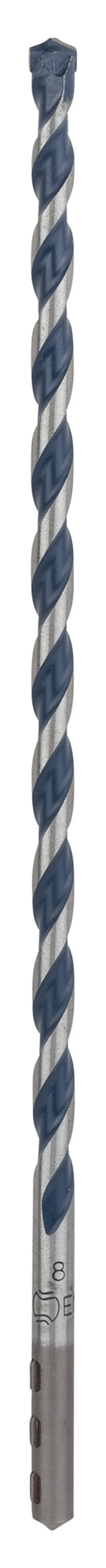 Blå betongborr med spiralformad skäryta och silverfärgad bas.