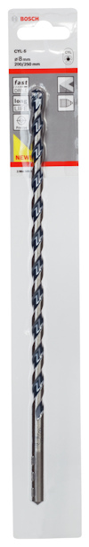 Förpackad Bosch spiralborr i metall för sten, etikett med logotyp och specifikationer.