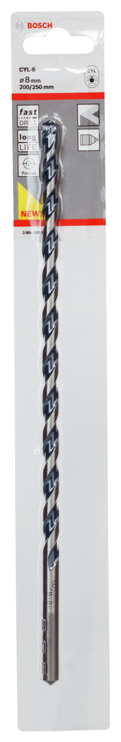 Förpackad Bosch spiralborr i metall för sten, etikett med logotyp och specifikationer.