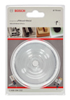 Förpackning med Bosch hålsåg för trä och metall, 79 mm i diameter, visad genom plast.