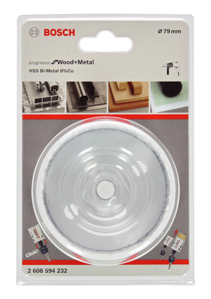 Förpackning med Bosch hålsåg för trä och metall, 79 mm i diameter, visad genom plast.