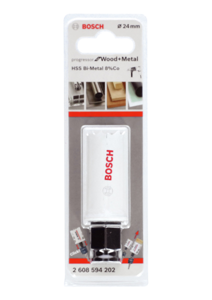 Förpackning med Bosch HSS Bi-Metal hålsåg, 24 mm, för trä och metall.