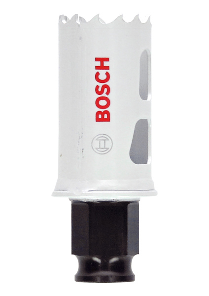 Hålsåg med vitt cylindriskt huvud, tandad kant och svart fäste. Texten "BOSCH" står i rött på sidan.