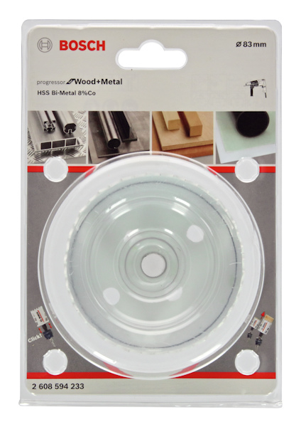 Förpackning med Bosch hålsåg för trä och metall, diameter 83 mm, HSS Bi-Metal. Artikelnummer: 2 608 594 233.