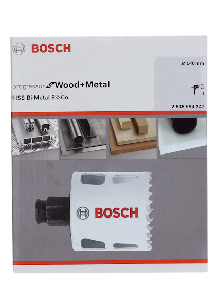 Förpackning med Bosch hålsåg, progressor, Wood+Metal, HSS Bi-Metal 8% Co, Ø 140 mm, artikelnummer 2 608 594 247.