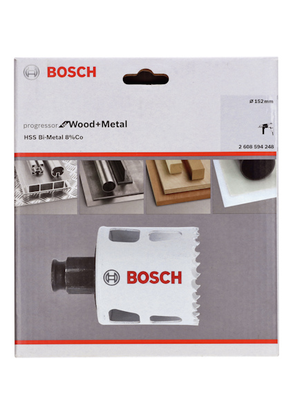 Förpackning för Bosch hålsåg, 152 mm, HSS Bi-Metal 8% Co, med bilder av användningsområden.