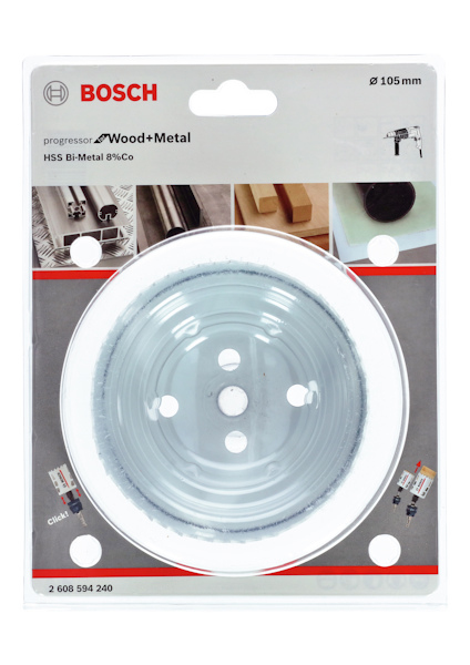 Förpackning med Bosch hålsåg för trä och metall, diameter 105 mm.
