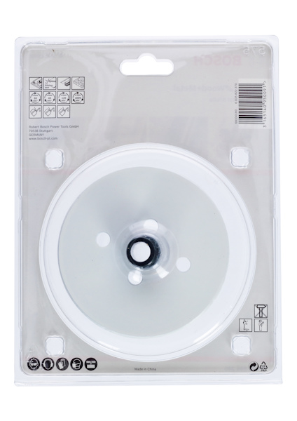 Förpackning med duschtillbehör, cirkulär form, vit färg, genomskinlig plastförpackning med symboler och text: "Made in China".