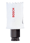 Hålsåg med vit kropp och tandad kant, märkt med röd text "BOSCH" på sidan, sitter på en svart fäste.