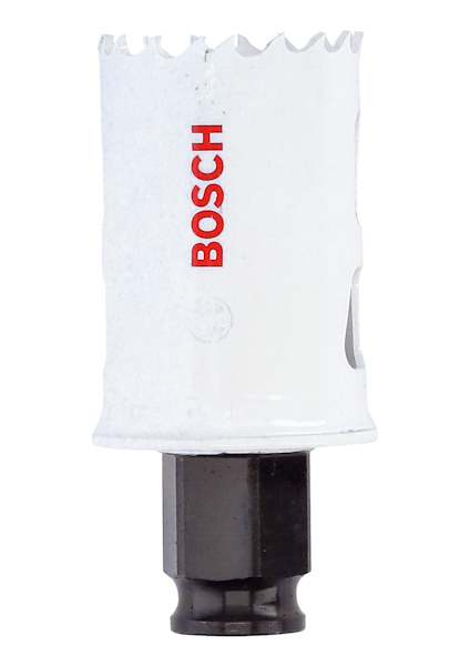 Hålsåg med vit kropp och tandad kant, märkt med röd text "BOSCH" på sidan, sitter på en svart fäste.