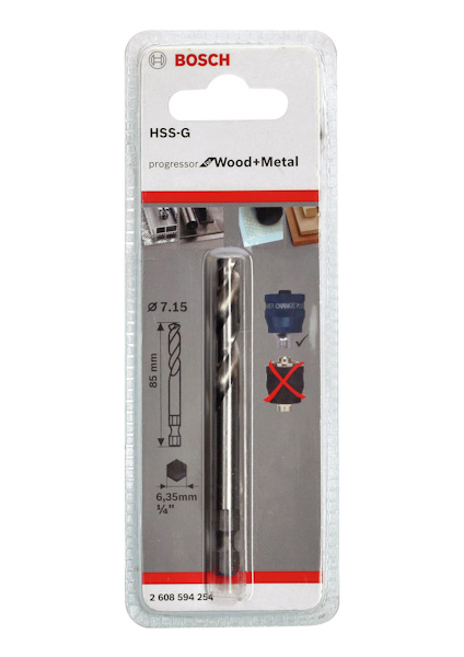Borr i förpackning med Bosch-logga, märkt "HSS-G progressor Wood+Metal", 7,15 mm diameter, 85 mm längd, artikelnummer 2 608 594 254.