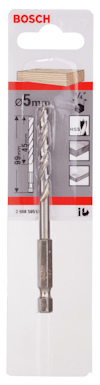 Borr från Bosch, storlek 5 mm, förpackad i blisterförpackning med produktinformation och logotyp.