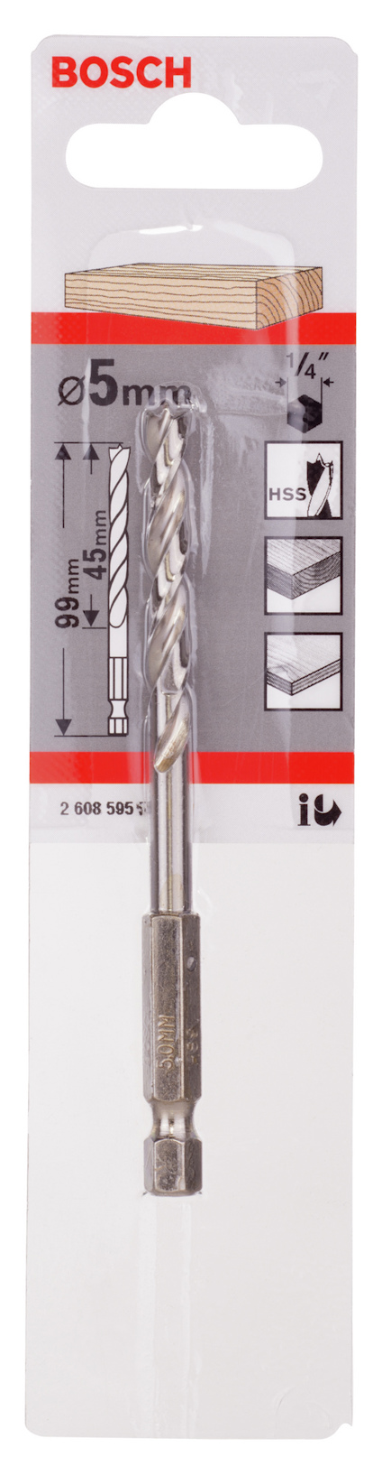 Borr från Bosch, storlek 5 mm, förpackad i blisterförpackning med produktinformation och logotyp.