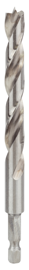 Spiralborr med silverfärgad yta och sexkantigt fäste.