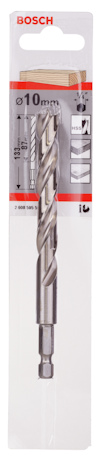 Borr från Bosch i förpackning, 10 mm diameter, bilder av trä, metall och betong på kartongen.