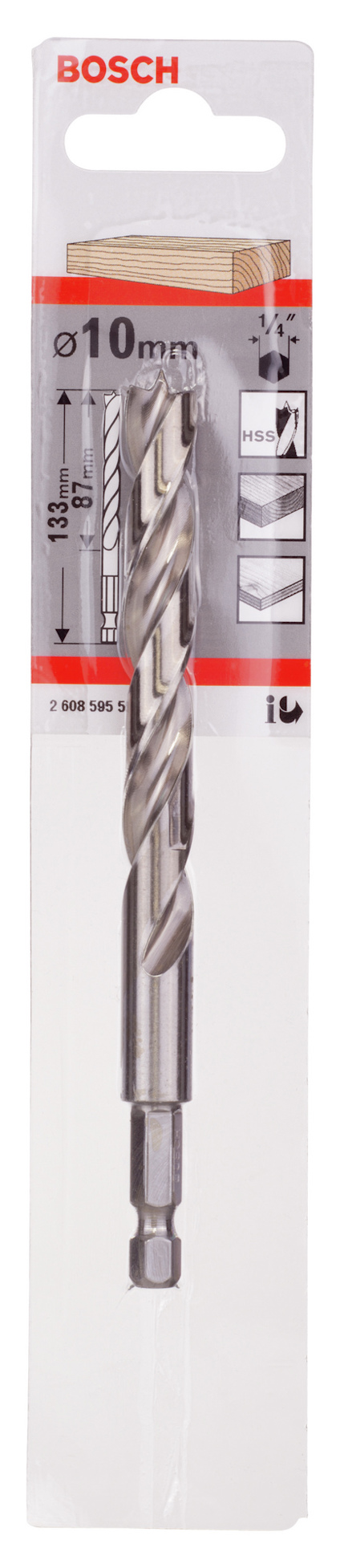 Borr från Bosch i förpackning, 10 mm diameter, bilder av trä, metall och betong på kartongen.