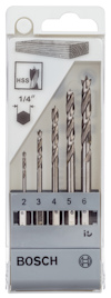 Förpackning med fem borr, olika storlekar 2-6 mm, märkta "BOSCH" och "HSS".