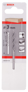 Förpackning med Bosch borr, 3 mm diameter, 60 mm längd, för trä.