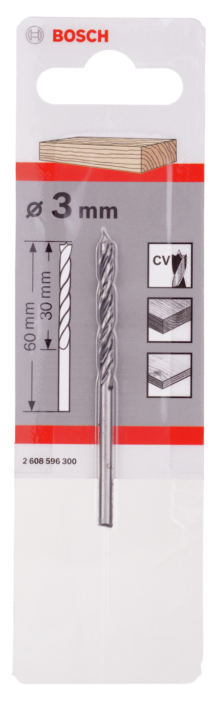 Förpackning med Bosch borr, 3 mm diameter, 60 mm längd, för trä.