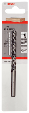 Borr från Bosch, 7 mm diameter, för träbearbetning. Förpackningen visar instruktioner och produktinformation.