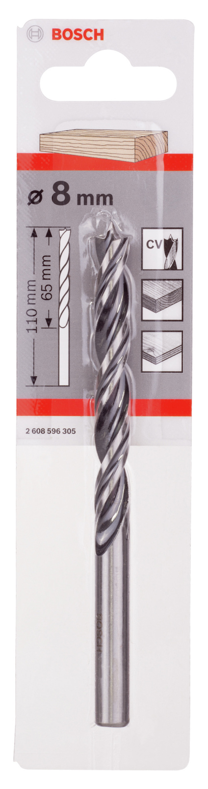 Förpackning med Bosch borr, 8 mm diameter, 110 mm längd, för trä.