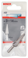 Förpackning med Bosch HSS-stegborr med diameter 3-14 mm, indikerat för metall.