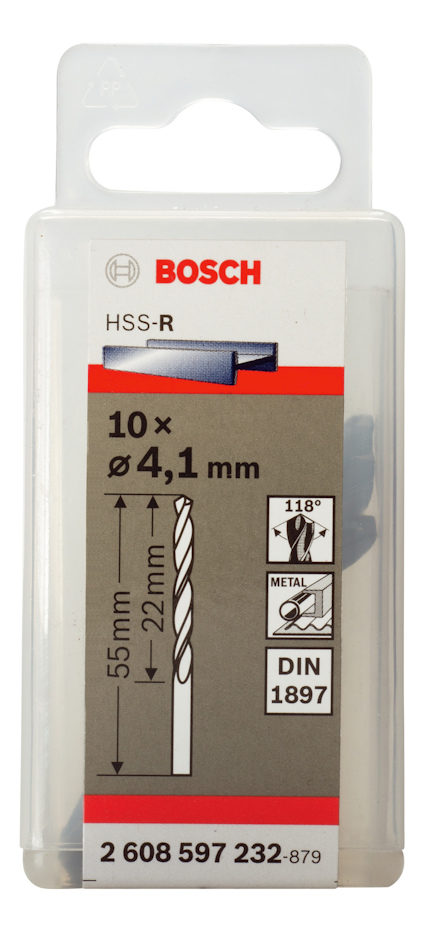 Förpackning med 10 borr från Bosch, 4,1 mm diameter, 55 mm längd, DIN 1897.