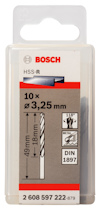 Förpackning med Bosch HSS-R metallborrar, 10 st, 3,25 mm, 49 mm lång.