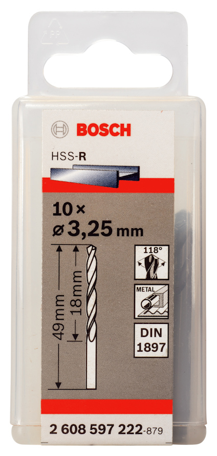 Förpackning med Bosch HSS-R metallborrar, 10 st, 3,25 mm, 49 mm lång.