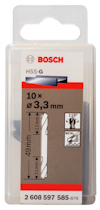 Förpackning med Bosch HSS-G metallborrar, 10 st, Ø 3,3 mm, längd 49 mm, artikelnummer 2 608 597 585-879.
