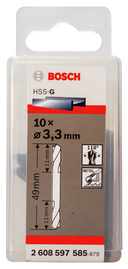 Förpackning med Bosch HSS-G metallborrar, 10 st, Ø 3,3 mm, längd 49 mm, artikelnummer 2 608 597 585-879.