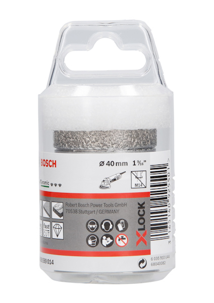 Förpackning med Bosch skärverktyg, 40 mm, för keramiska material, X-lock system.
