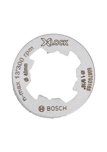 Metallisk skiva med text "XLOCK", "Bosch", "13000 rpm", "Ø 60mm", och andra markeringar.