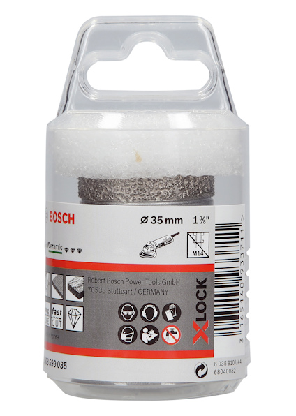 Förpackning med Bosch 35 mm diamantborr för kakel. Information och ikoner om snabbkapning och materialanvändning.