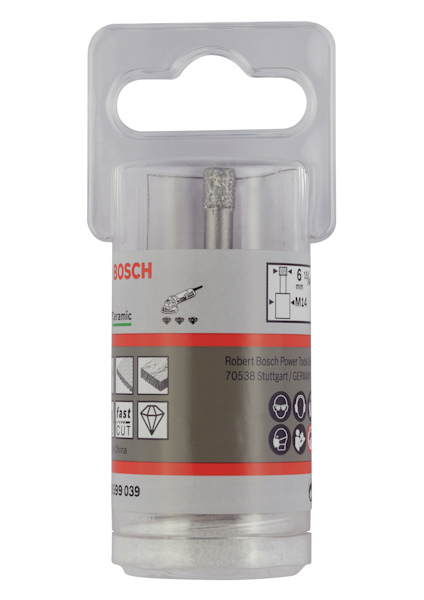 Borrhuvud i plastförpackning från Bosch, märkning "ceramic", med symboler för snabb kapning och diamantmaterial.
