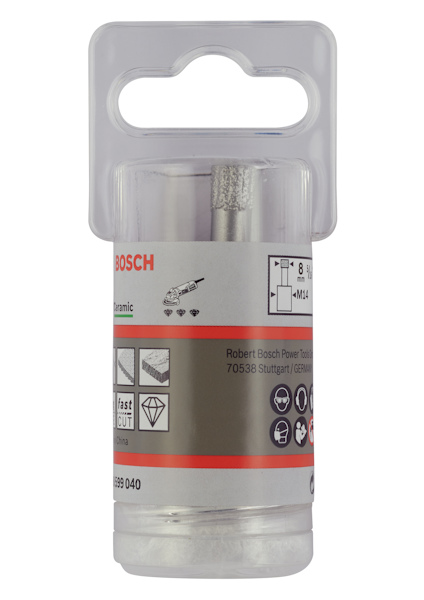 Förpackning av Bosch keramikhålsåg med text och symboler för kapningshastighet.