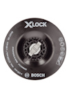 Svart rund slipplatta med texten "XLOCK", logotyp och symboler inklusive användningsinstruktioner. Märkt "Bosch".