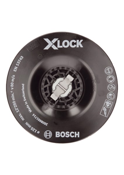 Svart rund slipplatta med texten "XLOCK", logotyp och symboler inklusive användningsinstruktioner. Märkt "Bosch".