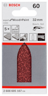 Förpackning med Bosch slipark för trä och färg, 32 mm, kornstorlek 60, innehåller 5 stycken.