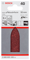 Förpackning med sandpappersslipkloss från Bosch, 40 kornstorlek, 32 mm; etikett med text för trä och färg.