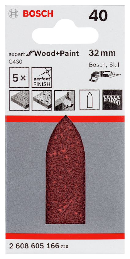 Förpackning med sandpappersslipkloss från Bosch, 40 kornstorlek, 32 mm; etikett med text för trä och färg.