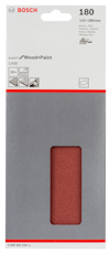 Förpackning med Bosch slippapper för trä och färg, kornstorlek 180, 115x280 mm, 10 ark.