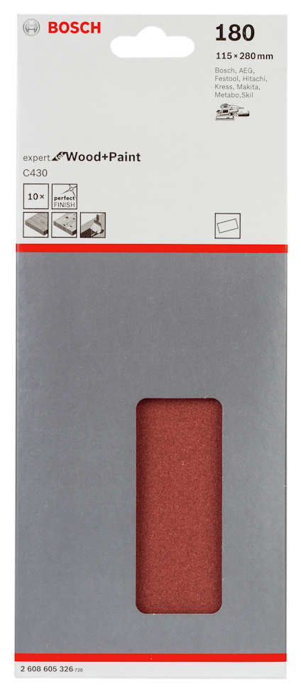 Förpackning med Bosch slippapper för trä och färg, kornstorlek 180, 115x280 mm, 10 ark.