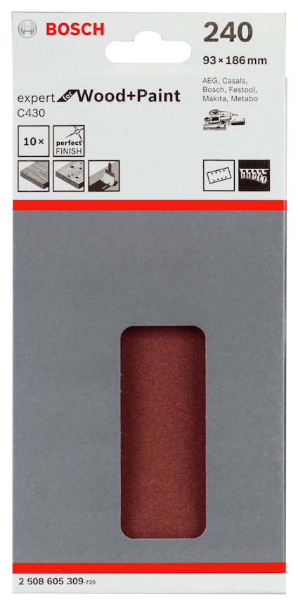 Förpackning med sandpapper Bosch Wood+Paint 240, 93 x 186 mm.