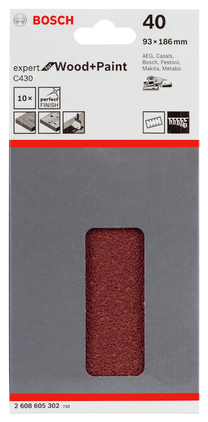 Förpackning med Bosch slipark, 93 x 186 mm, kornstorlek 40, för trä och färg.