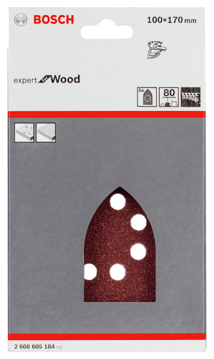Förpackning av Bosch expert Wood slipblad, 5 st, 100x170 mm, kornstorlek 80.
