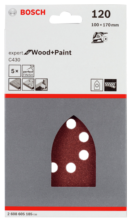 Förpackning med Bosch sandpapper, expert Wood+Paint, C430, korn 120, 100x170 mm, 5 stycken.